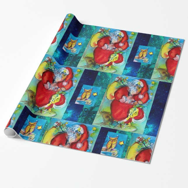 PAPIER CADEAU SANTA CLAUS TENANT LA TERRE, NOËL OWLS DE NUIT (Déroulé)
