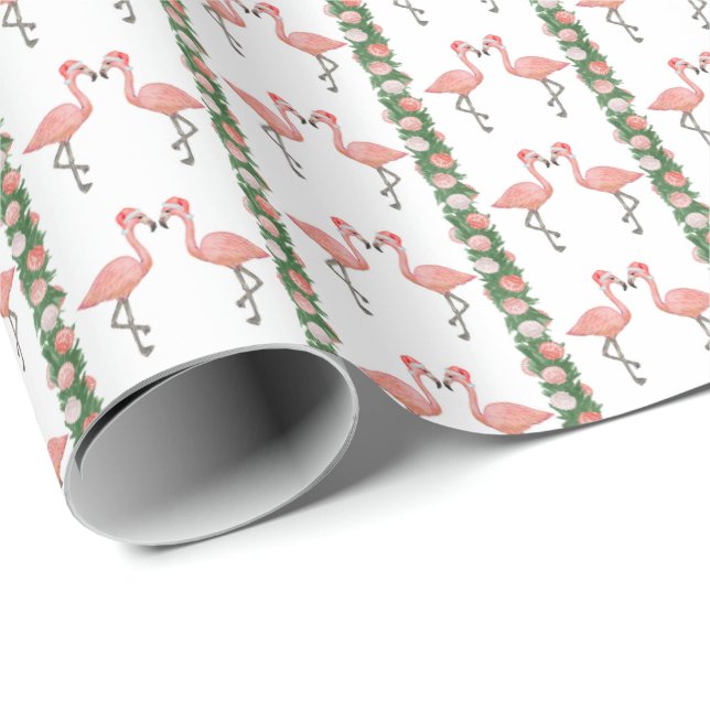 Papier Cadeau Santa Flamingos and Shells Wrapping Paper (Coin rond)