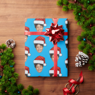 Papier Cadeau Santa Hat Custom Face Photo Christmas Gift Blue