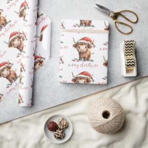 Papier Cadeau Santa Hat Highland Vache Script Joyeux Noël