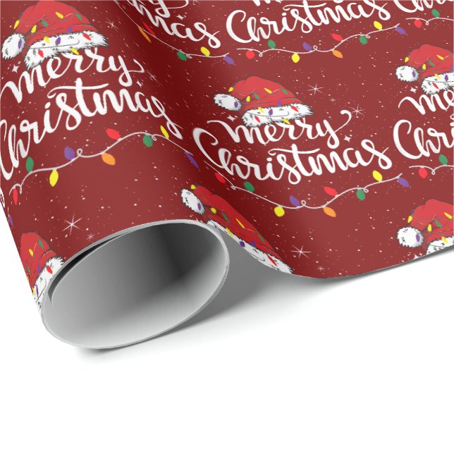 Papier Cadeau Santa Hat Merry Christmas Lights Xmas Family Red (Coin rond)