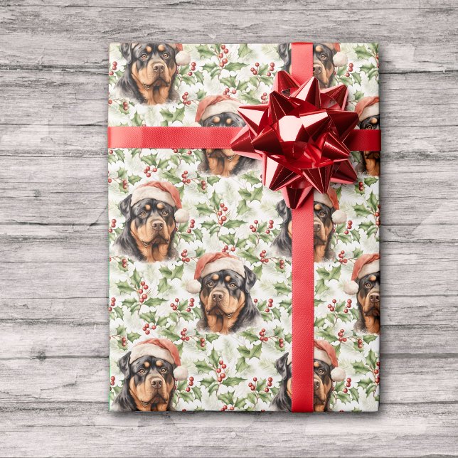 Papier Cadeau Santa Hat Rottweiler Chien Christmas Holly (Créateur téléchargé)
