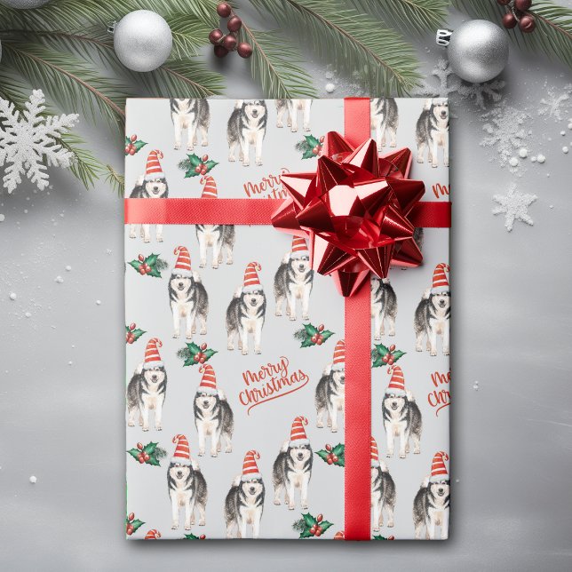 Papier Cadeau Santa Hat Sibérien Husky Papier d'enveloppement de (Créateur téléchargé)