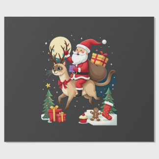 Papier Cadeau Santa Riding Reindeer Siamese Cat Christmas Tree L