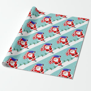 Papier Cadeau Santa running with american flag