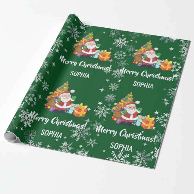 Papier Cadeau Santa Xmas Tree Gifts Snowflakes Personalize Name (Déroulé)