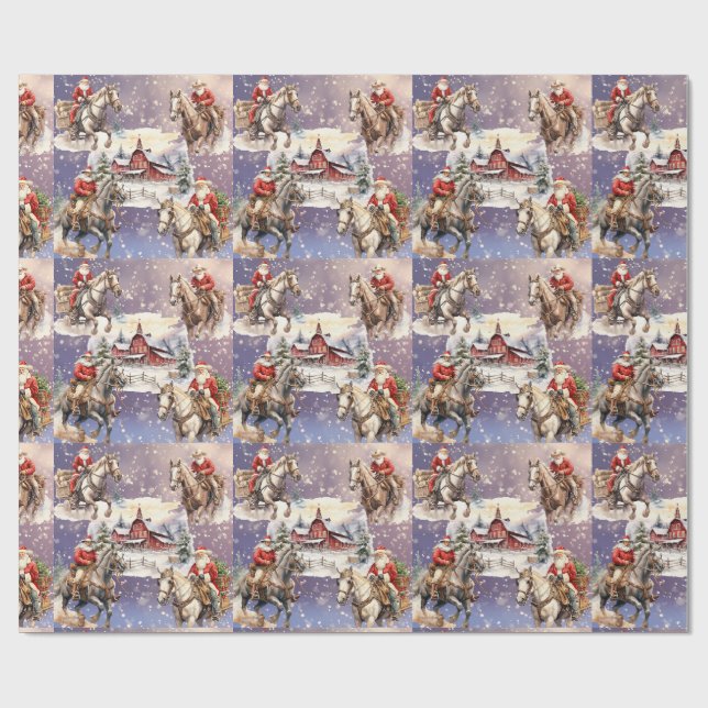 Papier Cadeau Santas hippique de Noël de l'Ouest neige, Grange r (Plat)
