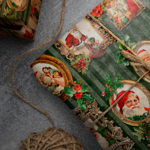 Papier Cadeau Santas Vintages festifs en cadres ornés avec Holly