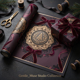 Papier Cadeau Sapin de Noël à Ruban de Velours & Filigrane d'Or