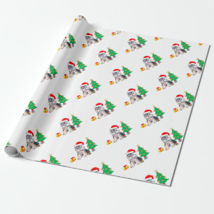 Papier Cadeau Sapin de Noël, adorable chiot Yorkshire & cadeaux