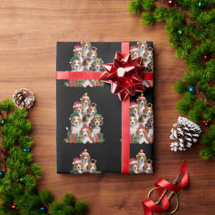 Papier Cadeau Sapin de Noël Beagle avec chapeau de Père Noël pou