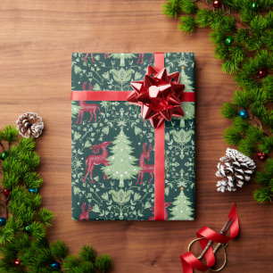 Papier Cadeau Sapin de Noël et Renne - Art Populaire - Vert