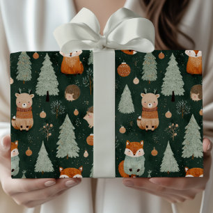 Papier Cadeau Sapin de Noël fantaisiste avec renard rouge vert f