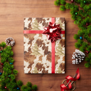 Papier Cadeau Sapin de Noël Marron Crème Cuir de Vache Or Confet
