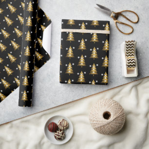 Papier Cadeau Sapin de Noël noir doré moderne