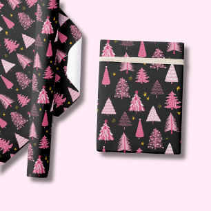 Papier Cadeau Sapin de Noël Rose Noir