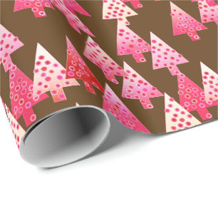 Papier Cadeau Sapins de Noël à fleurs modernes - corail et marro