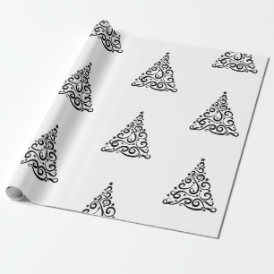 Papier Cadeau Sapins de Noël aux tourbillons noirs sur fond blan