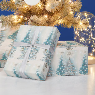 Papier Cadeau Sapins de Noël Bleus Argentés de Style Moderne des