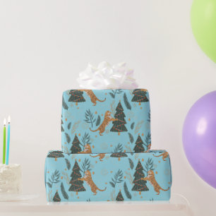 Papier Cadeau sapins de Noël et motif tigres Fond bleu