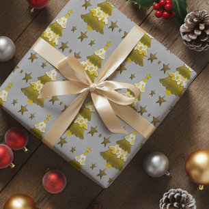 Papier Cadeau Sapins de Noël modernes stratifiés & Étoiles dorée