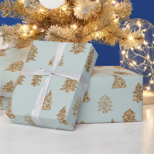 Papier Cadeau Sapins de Noël Pailletés Glam Or Menthe