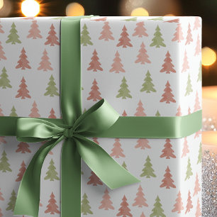 Papier Cadeau Sapins de Noël Pastel Rose et Vert Simple Fête de