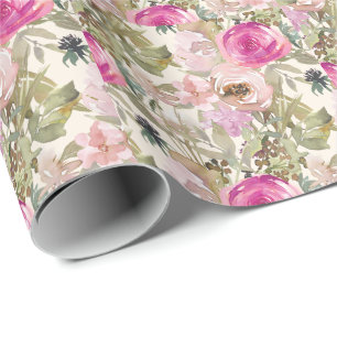 Papier Cadeau Sauge à feuilles vertes florales roses