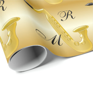 Papier Cadeau Saxophone Monogrammé de Couleur Or
