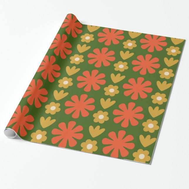 Papier Cadeau Scandi Retro Motif Floral Vert Orange Ocre (Déroulé)