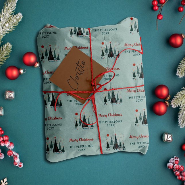 Papier Cadeau Scandinavie Arbres rennes Noël Personnalisé (scandinavian mountains reindeer christmas watercolor family name winter personalized wrapping paper)