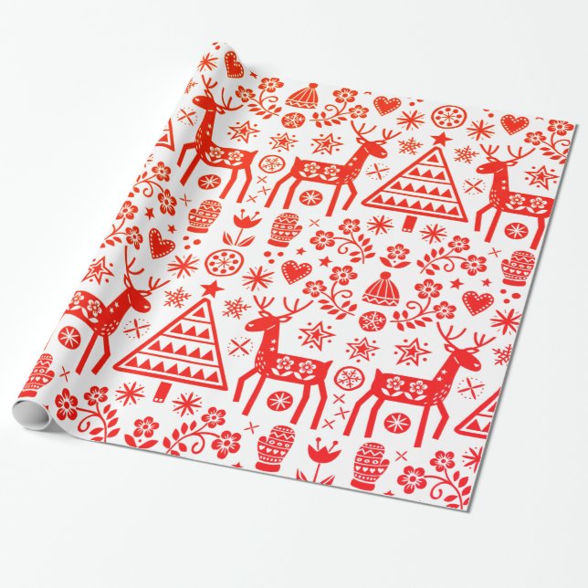 PAPIER CADEAU SCANDINAVIE NOËL MOTIF ROUGE ET BLANC (Déroulé)