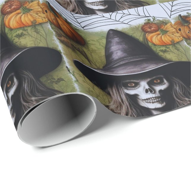 Papier Cadeau Scary Skeleton Witch pour une fête d'Halloween Dép (Coin rond)