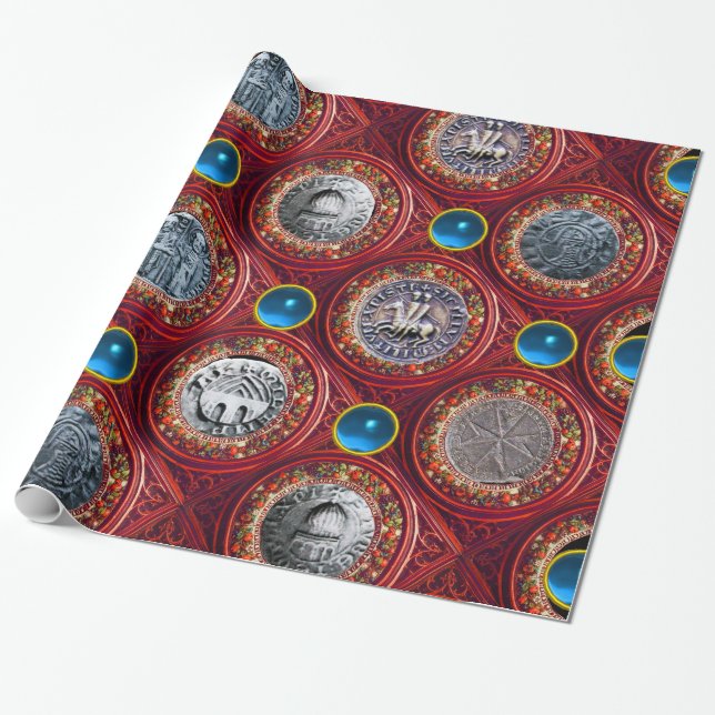Papier Cadeau SCEAU DES CHEVALIERS MODÈLE Rouge Bleu Gemmes (Déroulé)