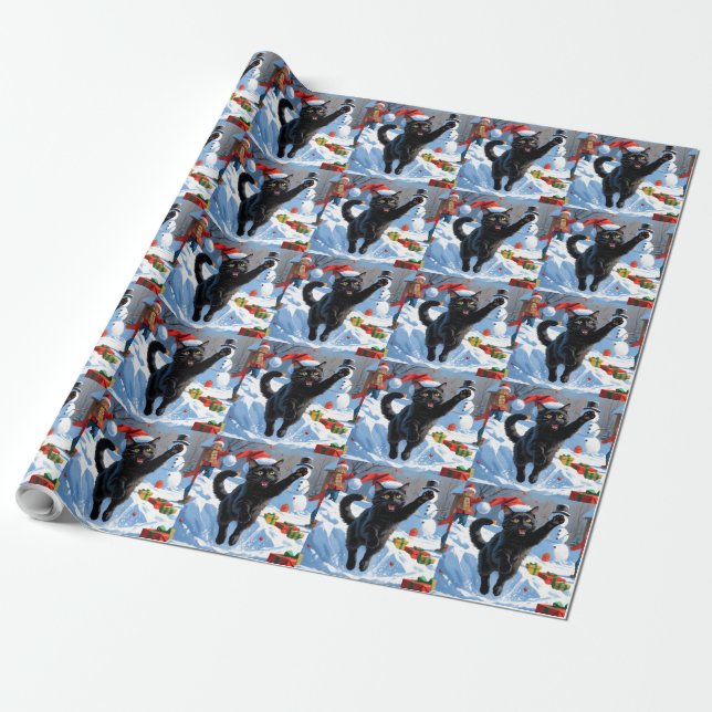 Papier Cadeau Scène de fête de Noël de chat noir (Déroulé)