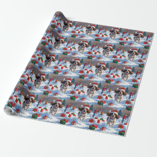 Papier Cadeau Scène de neige festive de Noël avec un épagneul br
