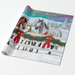 Papier Cadeau Scène de Noël Baie Buckskin Dapple Chevaux gris