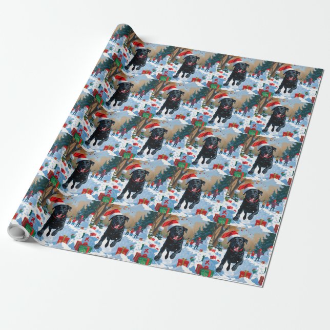 Papier Cadeau Scène de Noël du Labrador noir (Déroulé)