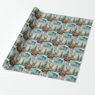 Papier Cadeau Scène de Noël vintage avec cerf et rouges-gorges