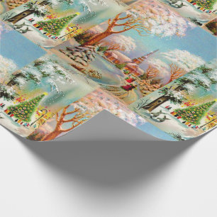 Papier Cadeau Scènes de Noël vintage d'église enneigée Shabby Ch