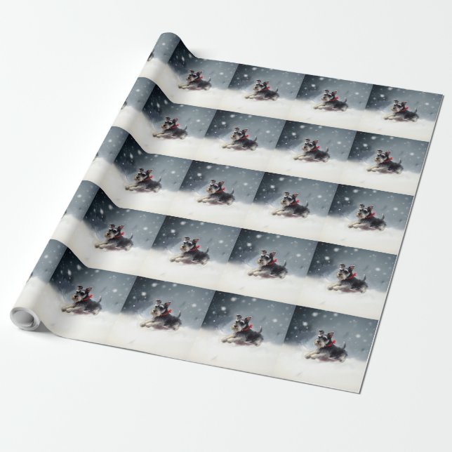 Papier Cadeau Schnauzer miniature neige de Noël hiver (Déroulé)