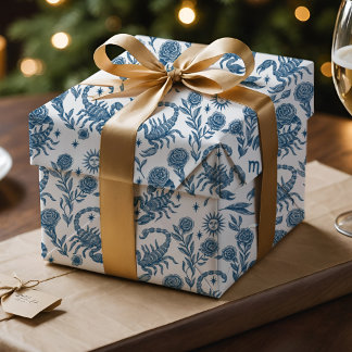 Papier Cadeau Scorpio Zodiac Intricate Celestial Blue Floral