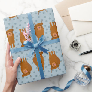 Papier Cadeau Scottish Highland Cattle Pale Blue Pois