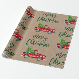 Papier Cadeau Script de brosse verte Kraft Camion Vintage de Noë