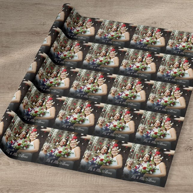 Papier Cadeau Script de photo de mariage personnalisé avec nom (Personalized Wedding Photo Script Name Wrapping Paper)