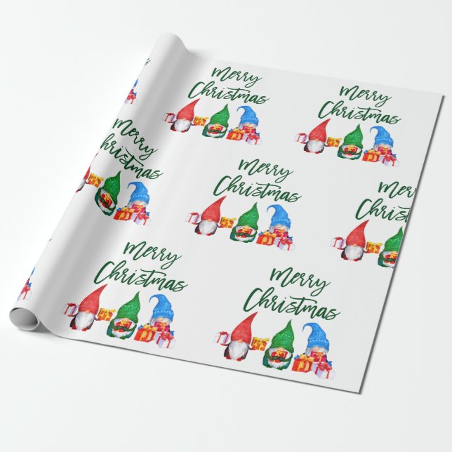 Papier Cadeau Script de pinceau vert Aquarelle de Noël Gnomes (Déroulé)