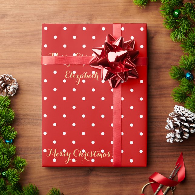 Papier Cadeau Script d'or de Noël personnalisé Rouge Polka Dot F (Custom Christmas Red Polka Dot Faux Gold Script Wrapping Paper)