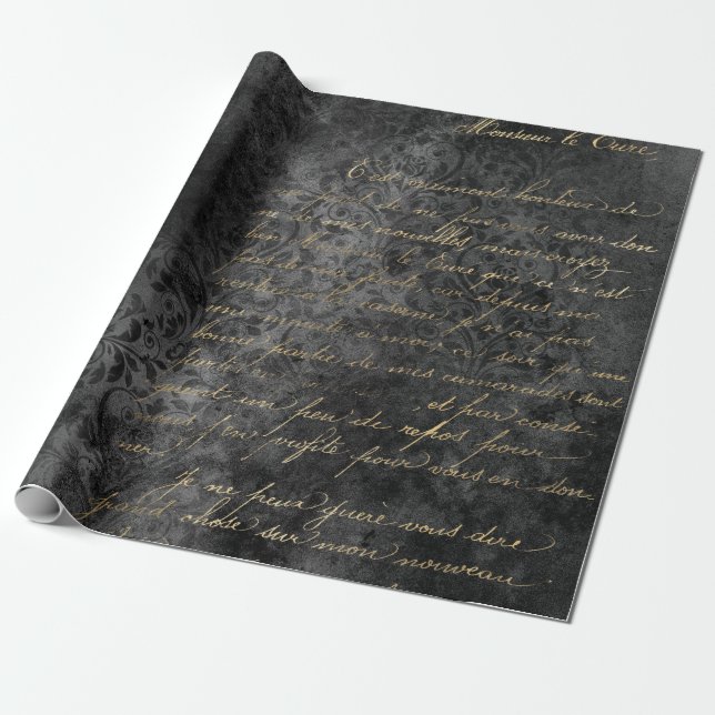 Papier Cadeau Script français en or sur gris déprimé (Déroulé)