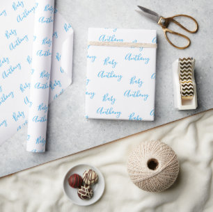 Papier Cadeau Script Garçon Bébé Bleu Personnalisé Nom