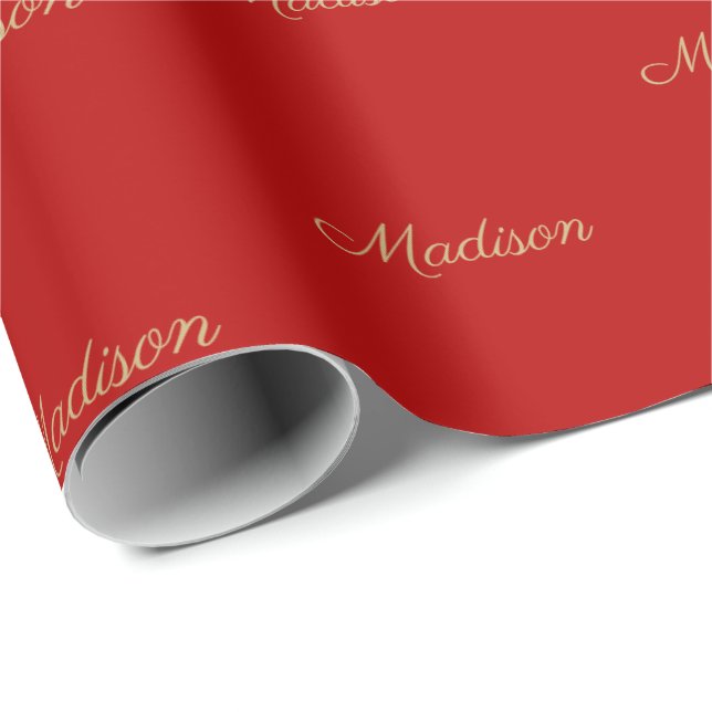 Papier Cadeau Script personnalisé Nom or cramson rouge Anniversa (Coin rond)